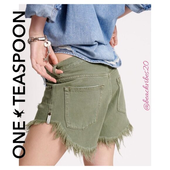 ONE TEASPOON Outlaws Low Waist Mid Length Denim Shorts Military Khaki 30 NWT - Picture 4 of 7